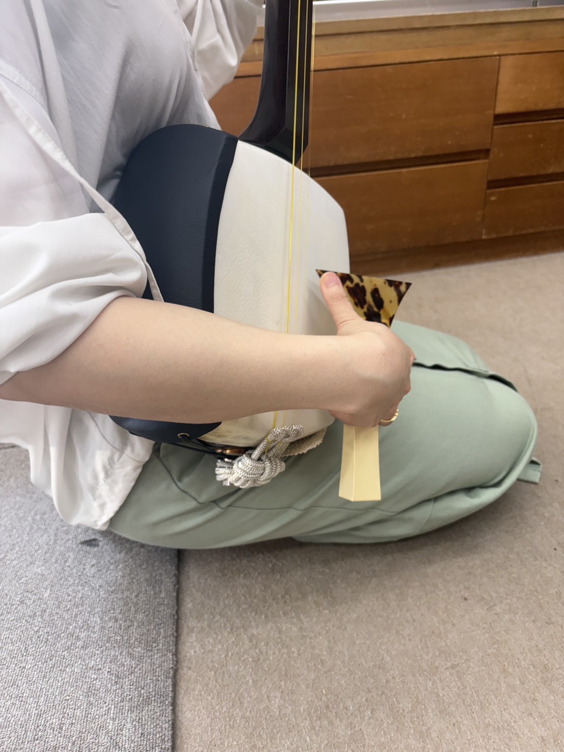 三味線の胴と、撥を持って弦を弾く右手